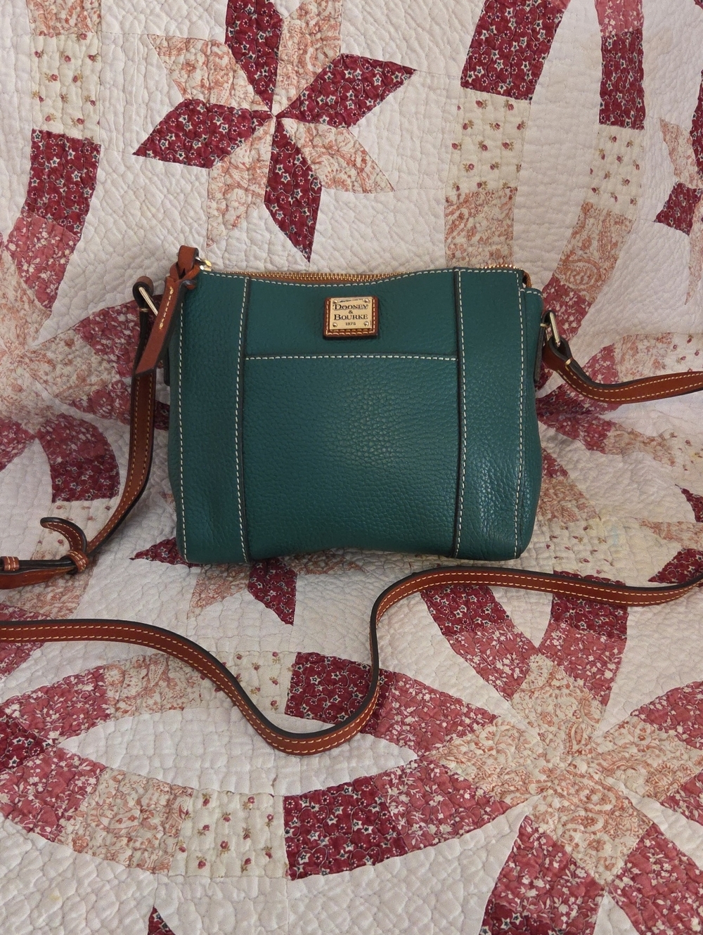 Dooney & Bourke Teal Pebbled Leather Crossbody with Brown Trim